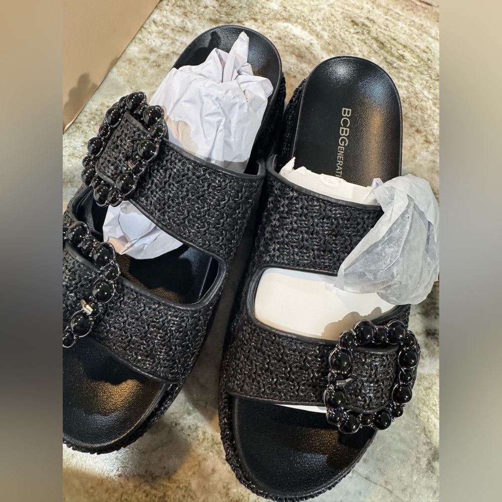 BCBGeneration Black Textured Buckle Sandals